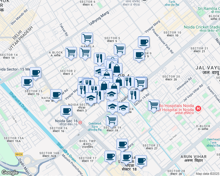 map of restaurants, bars, coffee shops, grocery stores, and more near in Noida