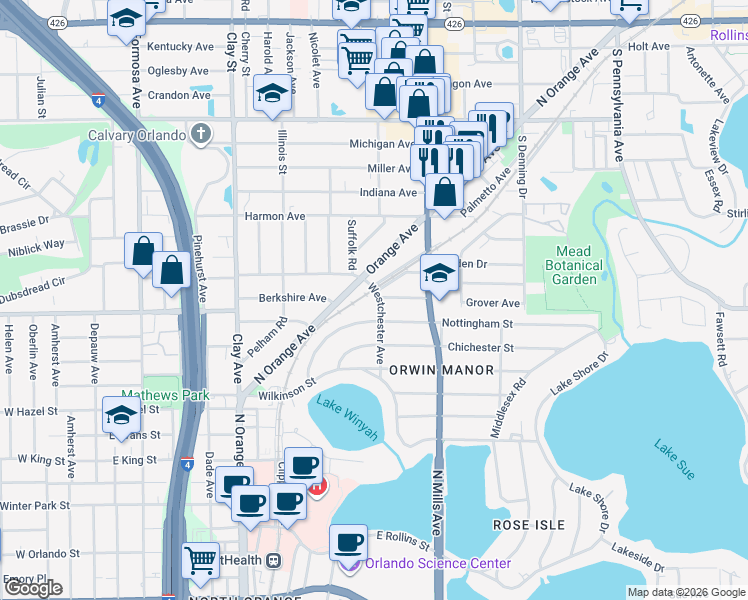 map of restaurants, bars, coffee shops, grocery stores, and more near 1345 Westchester Avenue in Winter Park