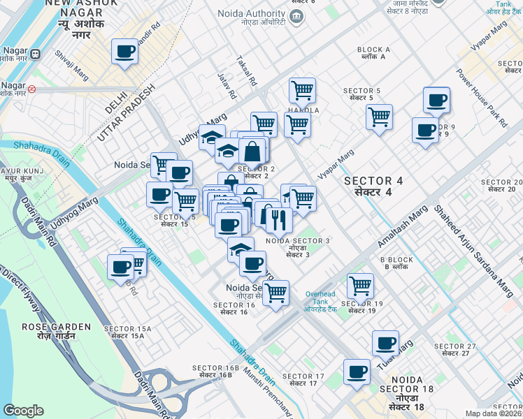 map of restaurants, bars, coffee shops, grocery stores, and more near in Noida
