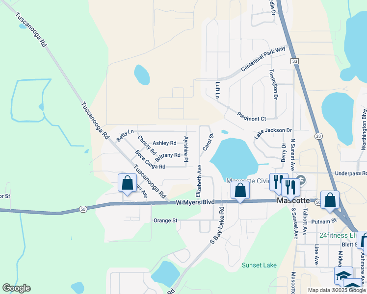 map of restaurants, bars, coffee shops, grocery stores, and more near 250 Ashley Road in Mascotte