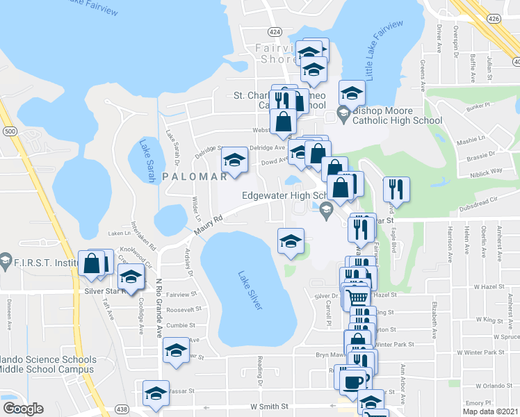 map of restaurants, bars, coffee shops, grocery stores, and more near 1110 Maury Road in Orlando