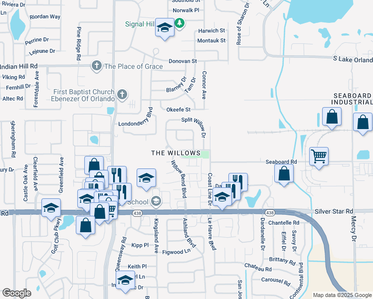 map of restaurants, bars, coffee shops, grocery stores, and more near 3025 Willow Bend Boulevard in Orlando