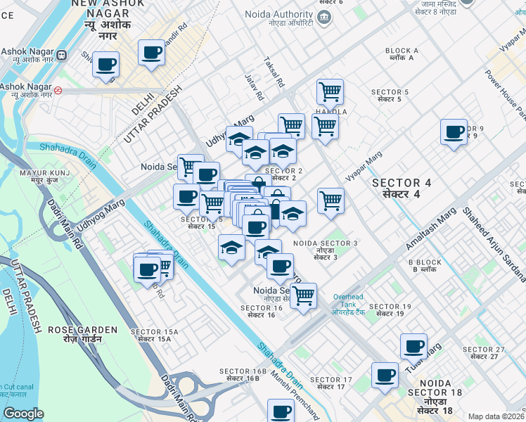map of restaurants, bars, coffee shops, grocery stores, and more near in Noida