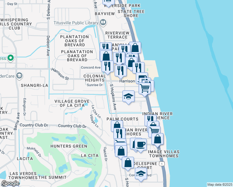 map of restaurants, bars, coffee shops, grocery stores, and more near 225 Alhambra Street in Titusville