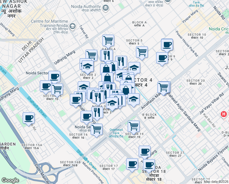 map of restaurants, bars, coffee shops, grocery stores, and more near in Noida