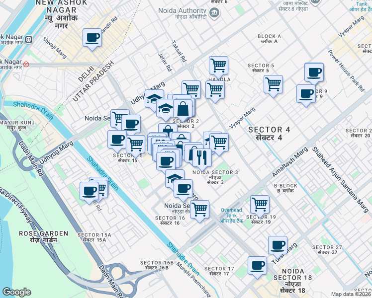 map of restaurants, bars, coffee shops, grocery stores, and more near in Noida