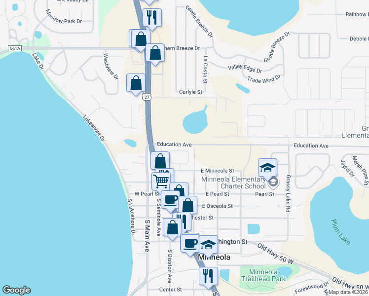 map of restaurants, bars, coffee shops, grocery stores, and more near 225 Ridge Crest Loop in Minneola
