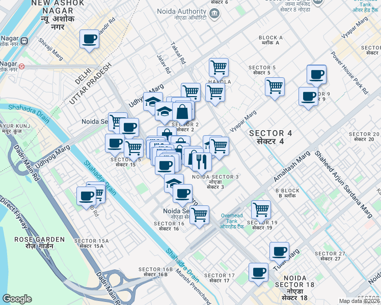 map of restaurants, bars, coffee shops, grocery stores, and more near in Noida