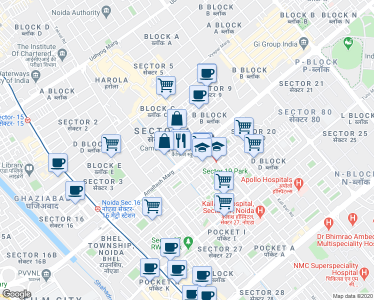map of restaurants, bars, coffee shops, grocery stores, and more near in Noida