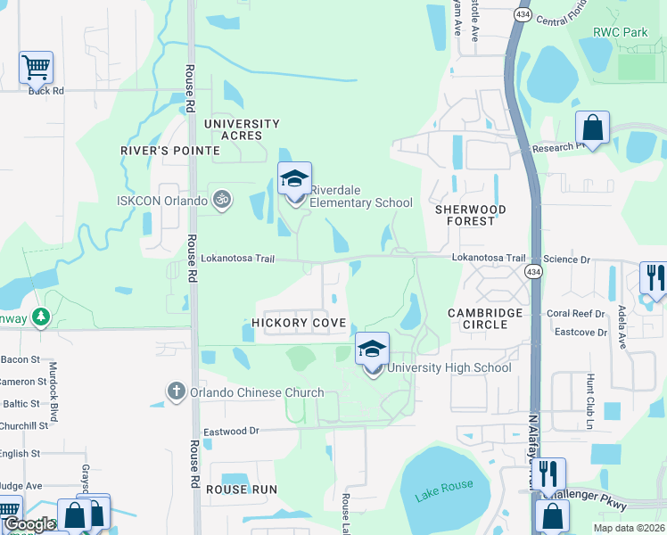 map of restaurants, bars, coffee shops, grocery stores, and more near 11467 Brown Quail Court in Orlando