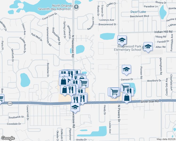 map of restaurants, bars, coffee shops, grocery stores, and more near 2600-2714 Vindale Street in Pine Hills