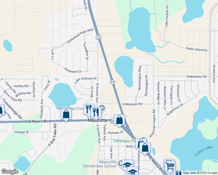 map of restaurants, bars, coffee shops, grocery stores, and more near 1608 Mayaro Court in Mascotte