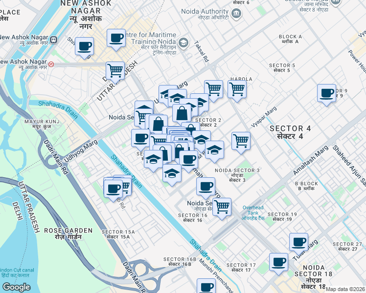 map of restaurants, bars, coffee shops, grocery stores, and more near in Noida