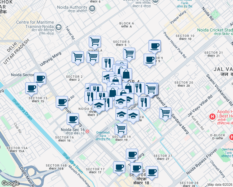 map of restaurants, bars, coffee shops, grocery stores, and more near in Noida