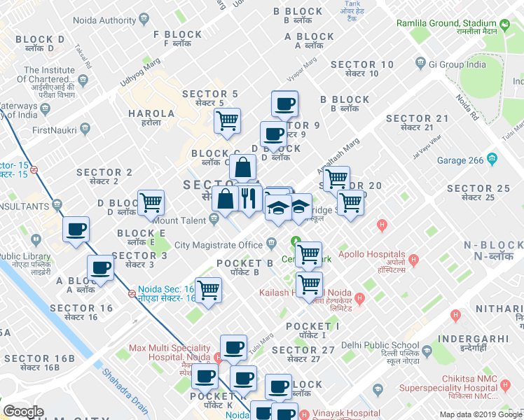 map of restaurants, bars, coffee shops, grocery stores, and more near in Noida