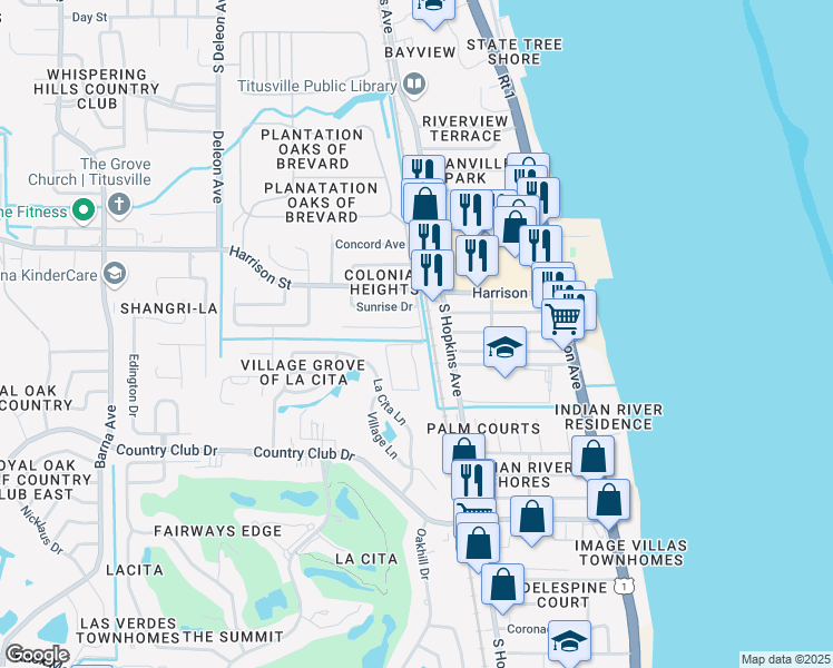 map of restaurants, bars, coffee shops, grocery stores, and more near 3053 Sir Hamilton Circle in Titusville