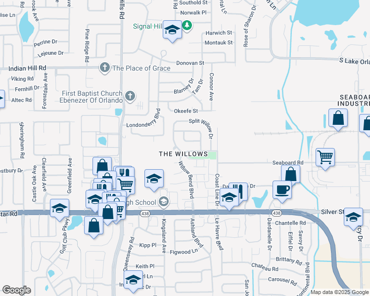 map of restaurants, bars, coffee shops, grocery stores, and more near 3012 Willow Bend Boulevard in Orlando