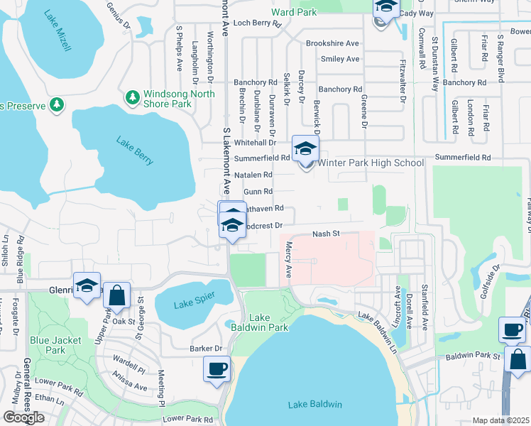 map of restaurants, bars, coffee shops, grocery stores, and more near 1941 Woodcrest Drive in Winter Park