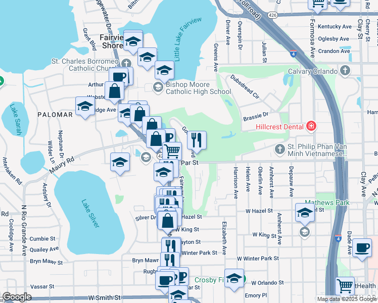 map of restaurants, bars, coffee shops, grocery stores, and more near 3411 Pinetree Road in Orlando