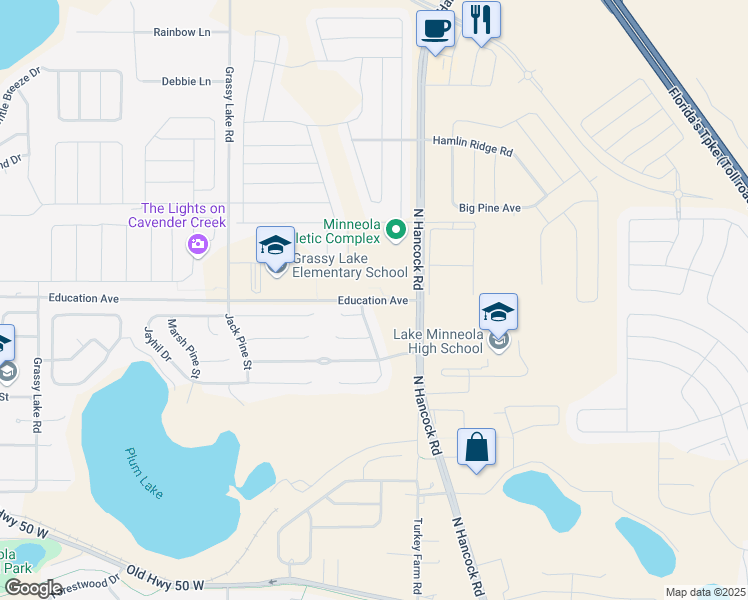 map of restaurants, bars, coffee shops, grocery stores, and more near 1100 Fosgate Road in Minneola