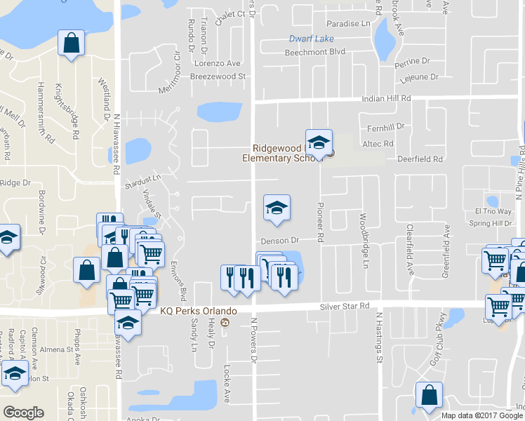 map of restaurants, bars, coffee shops, grocery stores, and more near 3025 North Powers Drive in Orlando