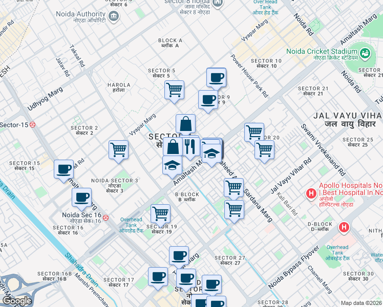 map of restaurants, bars, coffee shops, grocery stores, and more near in Noida