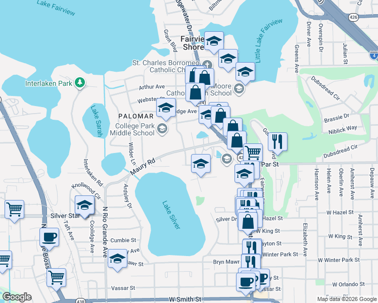 map of restaurants, bars, coffee shops, grocery stores, and more near 3408 North Westmoreland Drive in Orlando