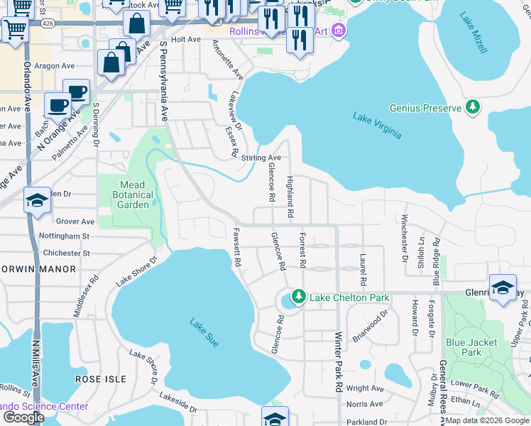 map of restaurants, bars, coffee shops, grocery stores, and more near 220 Hampden Place in Winter Park