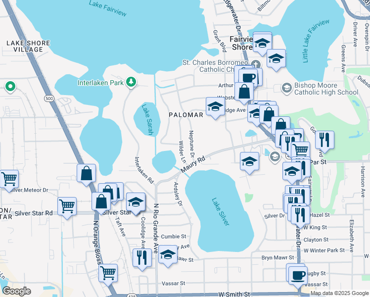 map of restaurants, bars, coffee shops, grocery stores, and more near 3416 Neptune Drive in Orlando