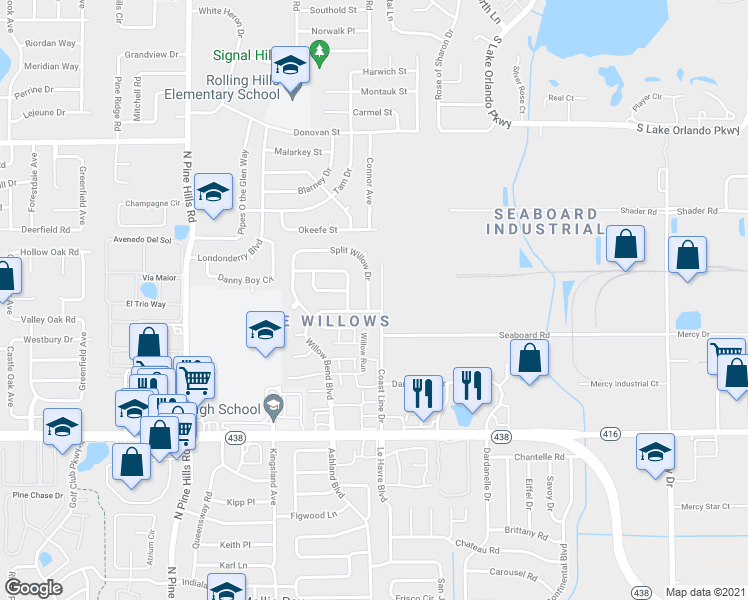 map of restaurants, bars, coffee shops, grocery stores, and more near 3083 Willow Bend Boulevard in Orlando