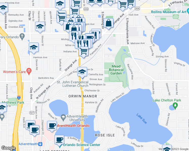 map of restaurants, bars, coffee shops, grocery stores, and more near 930 Camellia Avenue in Winter Park