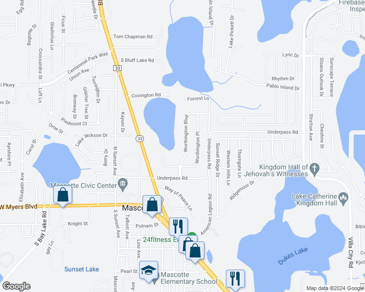 map of restaurants, bars, coffee shops, grocery stores, and more near 16023 Worthington Boulevard in Mascotte