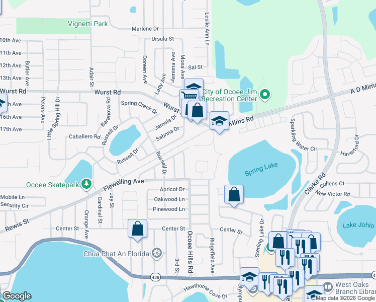 map of restaurants, bars, coffee shops, grocery stores, and more near 716 Crystal Drive in Ocoee