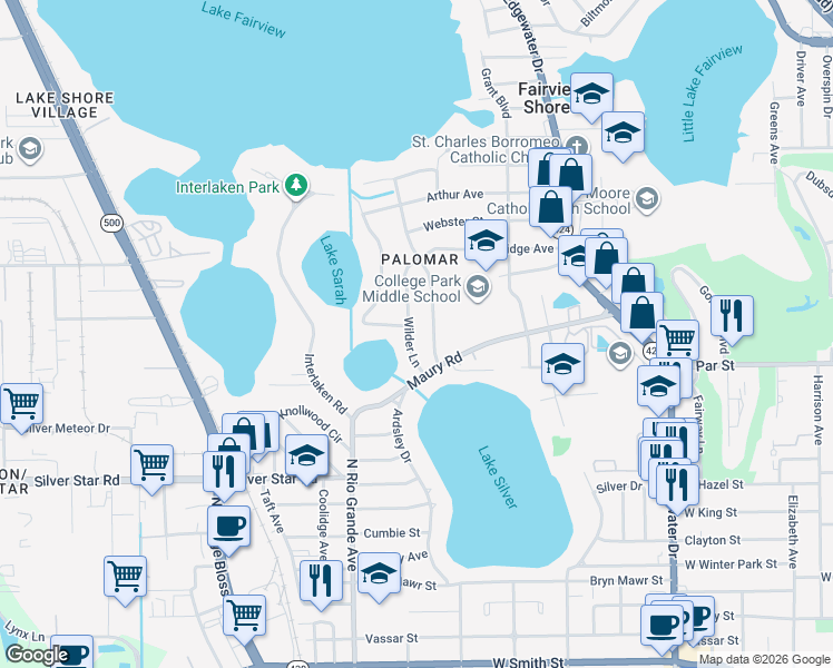map of restaurants, bars, coffee shops, grocery stores, and more near 3416 Neptune Drive in Orlando