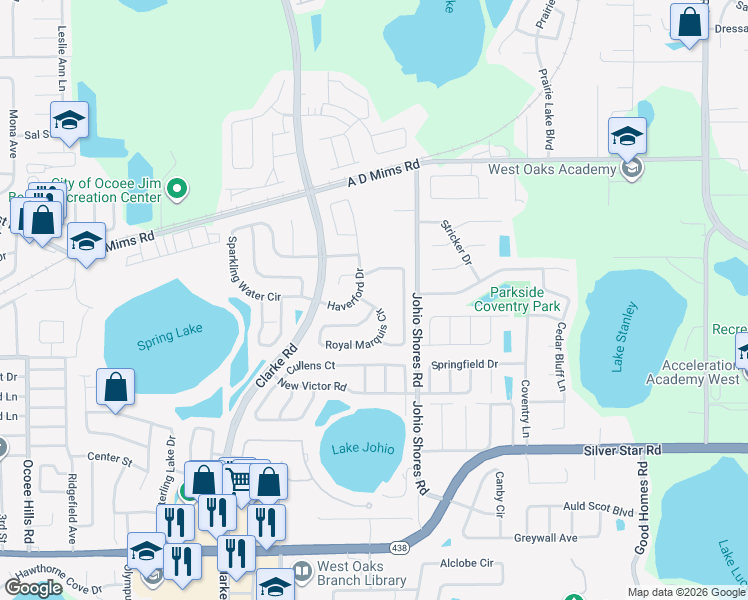 map of restaurants, bars, coffee shops, grocery stores, and more near 1144 Royal Marquis Circle in Ocoee
