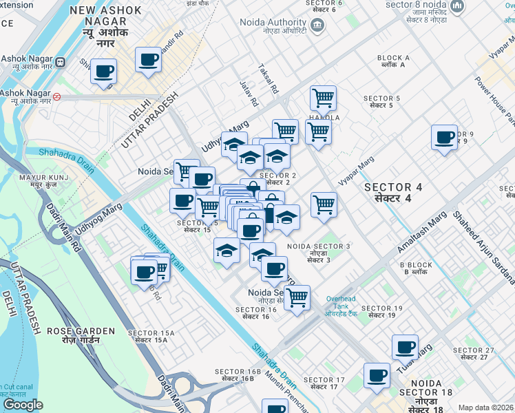 map of restaurants, bars, coffee shops, grocery stores, and more near in Noida