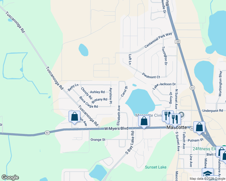 map of restaurants, bars, coffee shops, grocery stores, and more near 250 Ashley Road in Mascotte