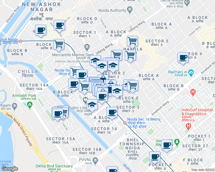 map of restaurants, bars, coffee shops, grocery stores, and more near in Noida