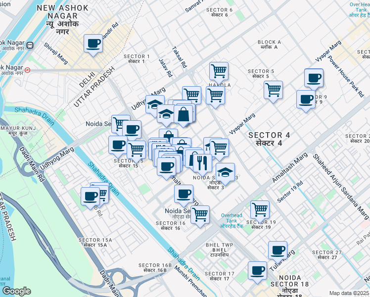 map of restaurants, bars, coffee shops, grocery stores, and more near in Noida