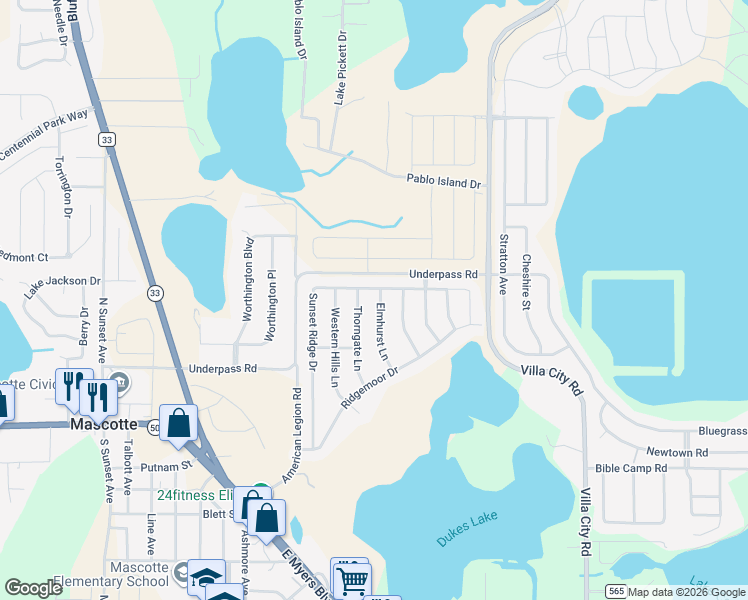 map of restaurants, bars, coffee shops, grocery stores, and more near 2035 Elmhurst Lane in Mascotte