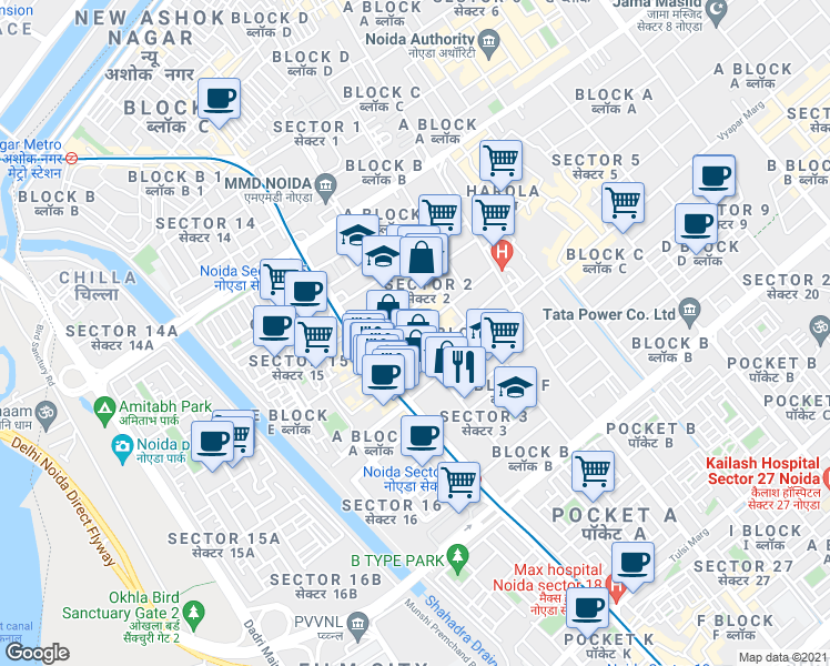 map of restaurants, bars, coffee shops, grocery stores, and more near in Noida