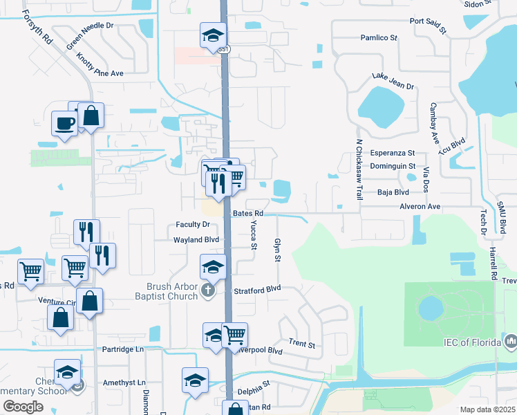 map of restaurants, bars, coffee shops, grocery stores, and more near 7701 Acorn Woods Circle in Winter Park