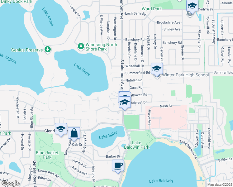 map of restaurants, bars, coffee shops, grocery stores, and more near 1001-1027 Lakemont Circle in Winter Park