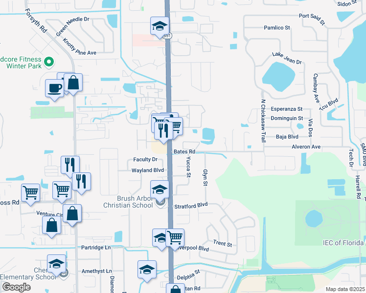 map of restaurants, bars, coffee shops, grocery stores, and more near 7715 Acorn Woods Circle in Winter Park