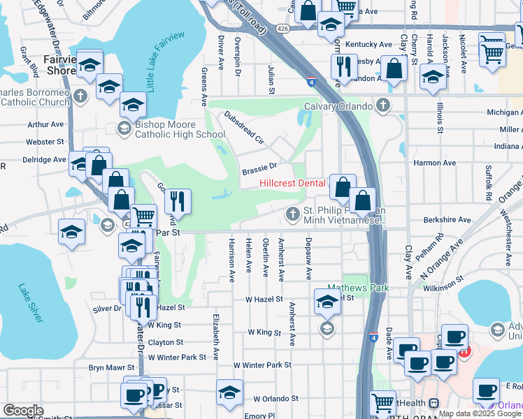 map of restaurants, bars, coffee shops, grocery stores, and more near 395 Dubsdread Circle in Orlando