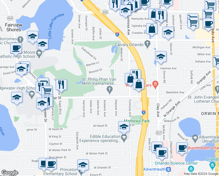 map of restaurants, bars, coffee shops, grocery stores, and more near 282 Dubsdread Circle in Orlando