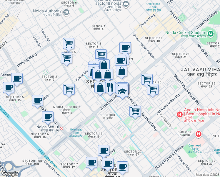 map of restaurants, bars, coffee shops, grocery stores, and more near B-46 Shaheed Arjun Sarona Marg in Noida