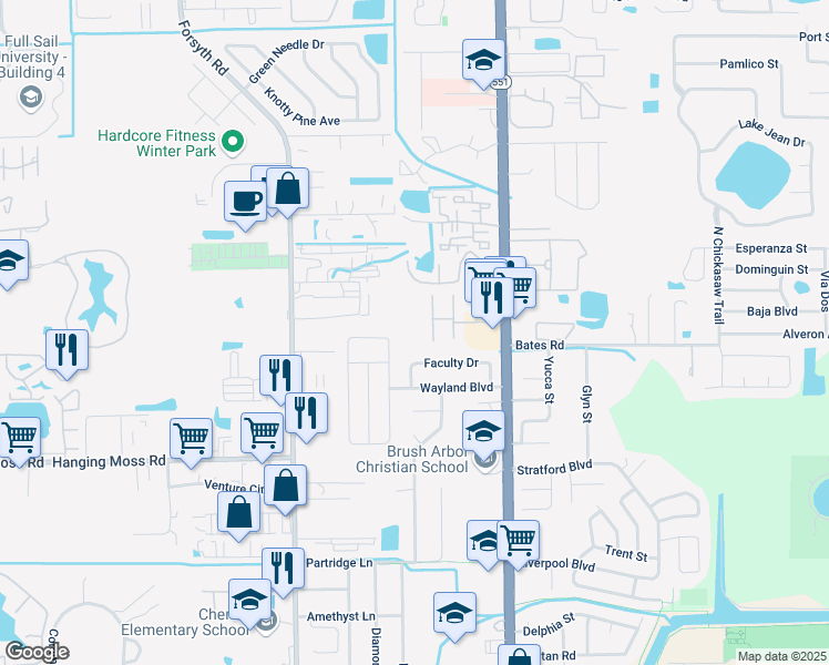 map of restaurants, bars, coffee shops, grocery stores, and more near 7296 Daniel Webster Drive in Winter Park