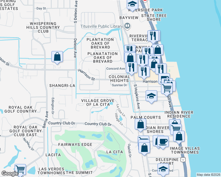map of restaurants, bars, coffee shops, grocery stores, and more near 2750 West Sunrise Drive in Titusville