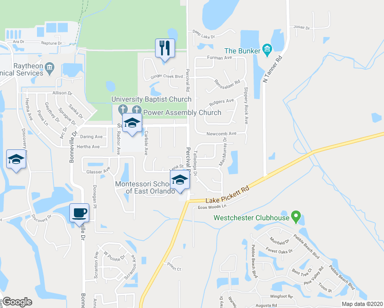 map of restaurants, bars, coffee shops, grocery stores, and more near 2834 Talladega Drive in Orlando